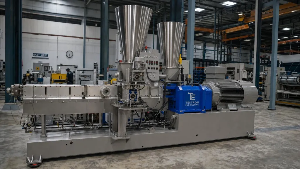 Testron Engineering co-rotating twin-screw extruder on the factory floor